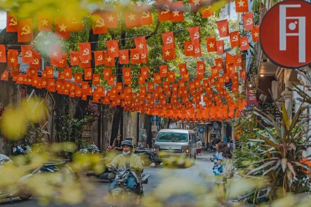 street with vietnamese flags