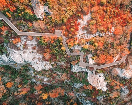 Aerial View of Blue Ridge Parkway in fall season at sunrise.